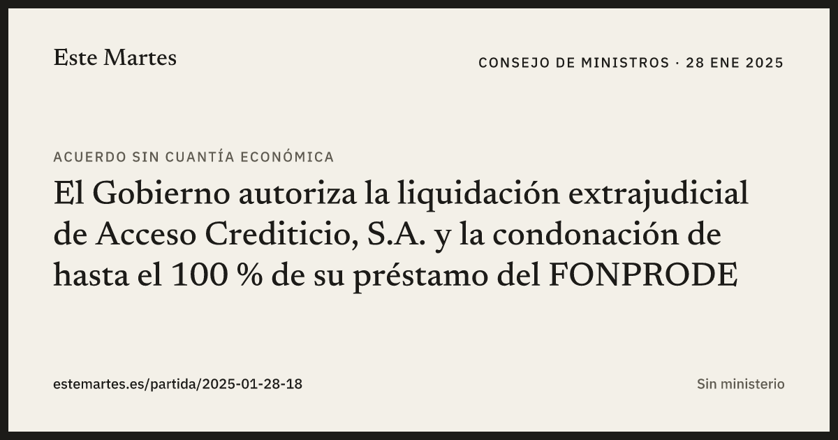 Tarjeta: El Gobierno autoriza la liquidación extrajudicial de Acceso Crediticio, S.A. y la condonación de hasta el 100 % de su préstamo del FONPRODE
