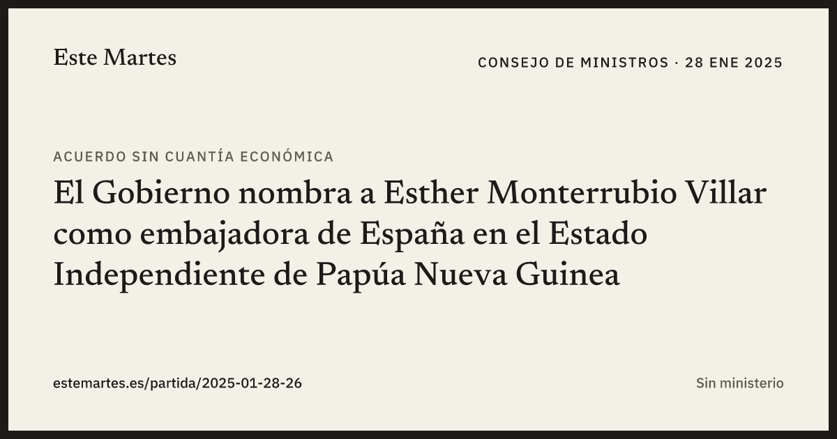 Tarjeta: El Gobierno nombra a Esther Monterrubio Villar como embajadora de España en el Estado Independiente de Papúa Nueva Guinea
