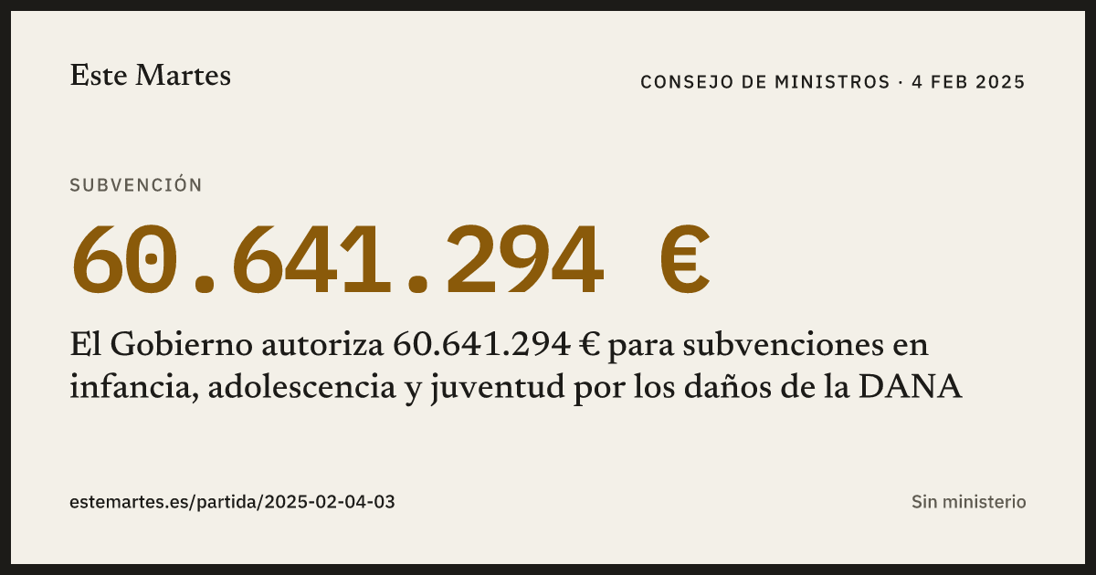 Tarjeta: El Gobierno autoriza 60.641.294 € para subvenciones en infancia, adolescencia y juventud por los daños de la DANA
