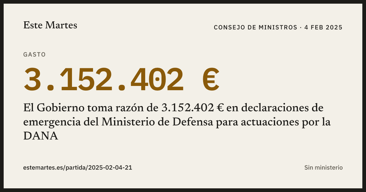 Tarjeta: El Gobierno toma razón de 3.152.402 € en declaraciones de emergencia del Ministerio de Defensa para actuaciones por la DANA
