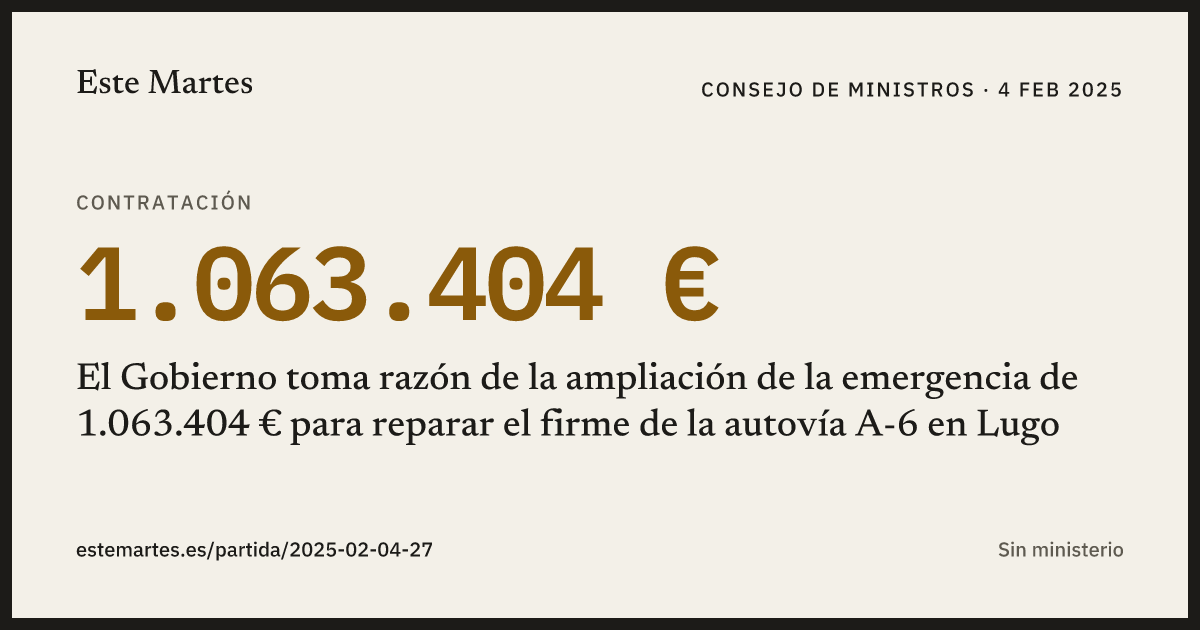 Tarjeta: El Gobierno toma razón de la ampliación de la emergencia de 1.063.404 € para reparar el firme de la autovía A-6 en Lugo