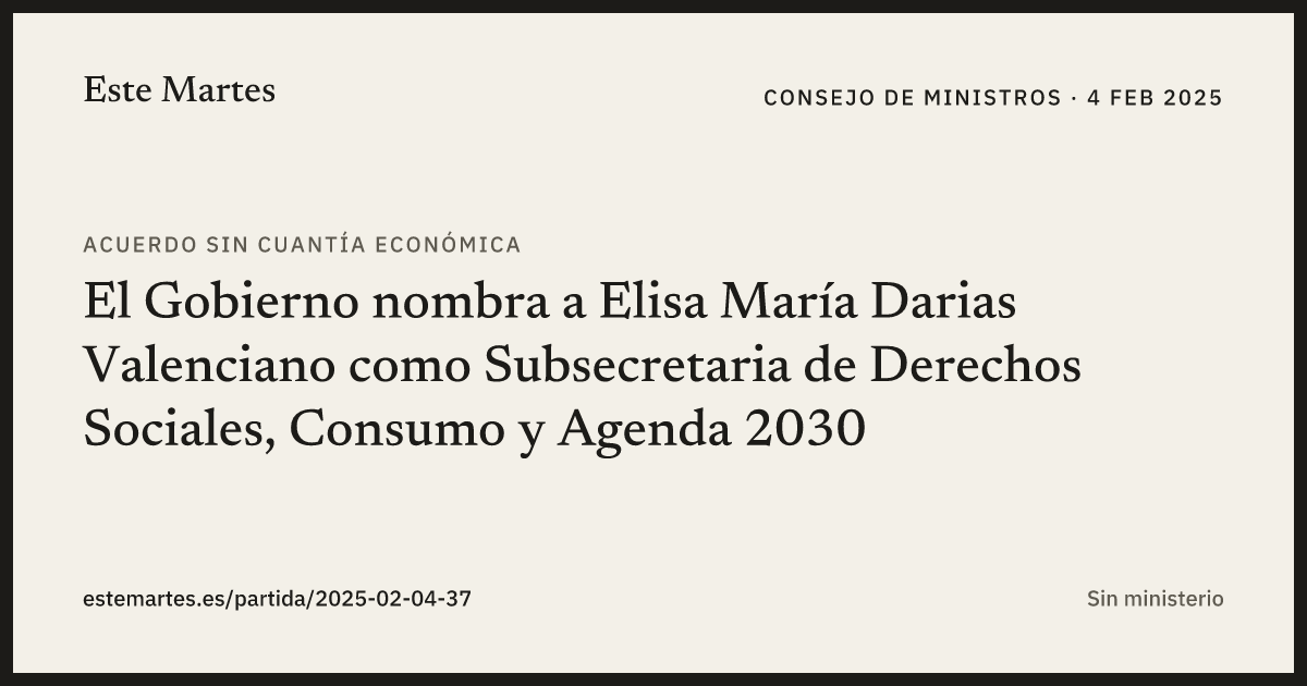 Tarjeta: El Gobierno nombra a Elisa María Darias Valenciano como Subsecretaria de Derechos Sociales, Consumo y Agenda 2030