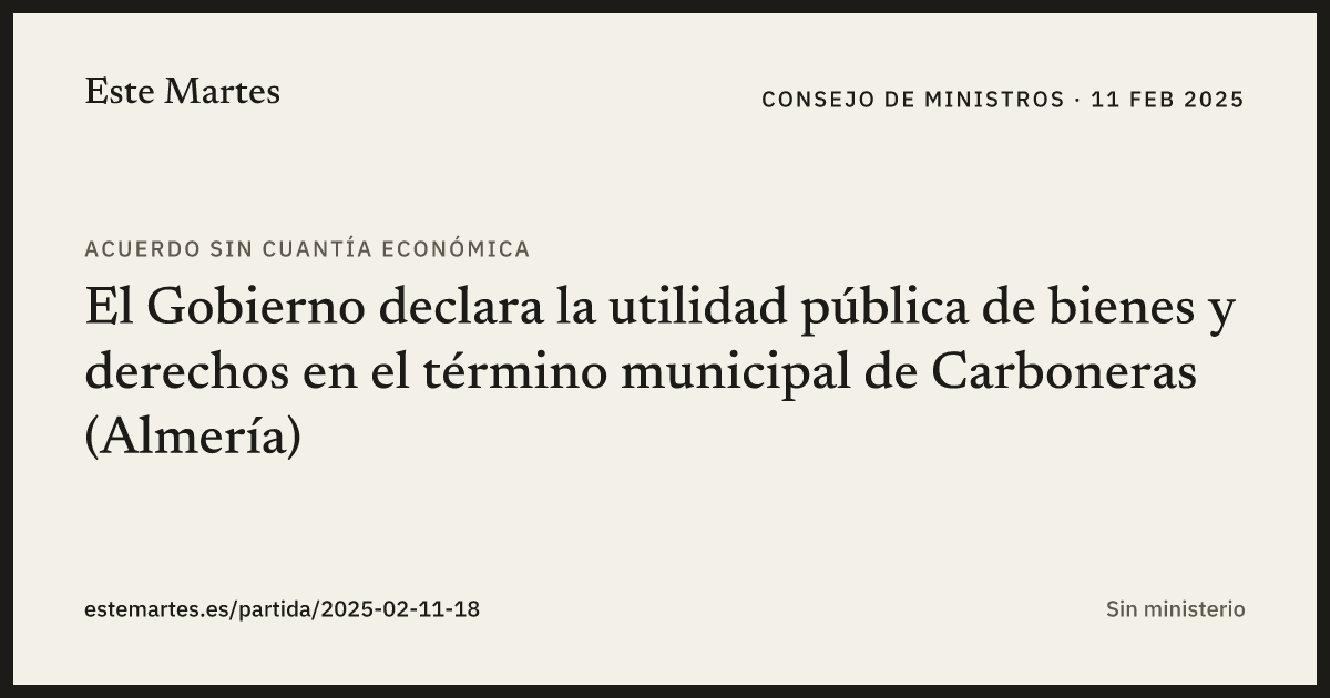 Tarjeta: El Gobierno declara la utilidad pública de bienes y derechos en el término municipal de Carboneras (Almería)