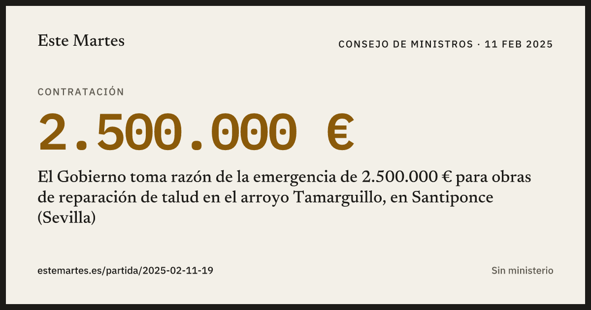 Tarjeta: El Gobierno toma razón de la emergencia de 2.500.000 € para obras de reparación de talud en el arroyo Tamarguillo, en Santiponce (Sevilla)