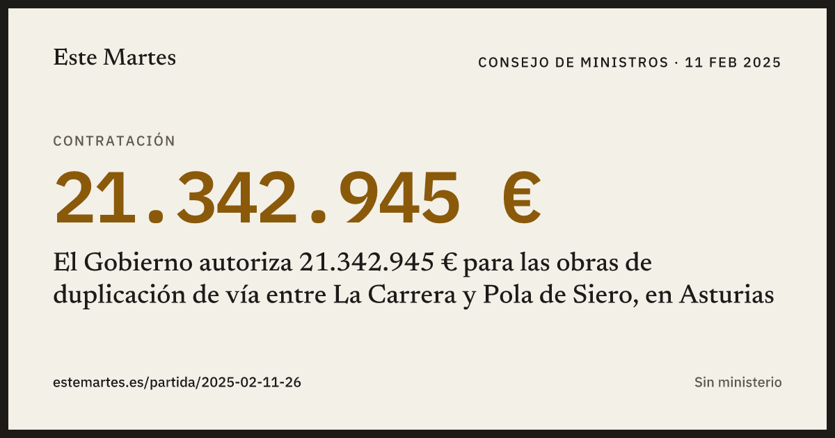 Tarjeta: El Gobierno autoriza 21.342.945 € para las obras de duplicación de vía entre La Carrera y Pola de Siero, en Asturias