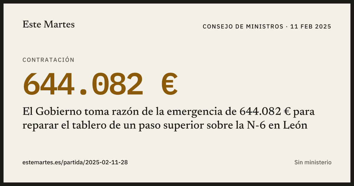 Tarjeta: El Gobierno toma razón de la emergencia de 644.082 € para reparar el tablero de un paso superior sobre la N-6 en León