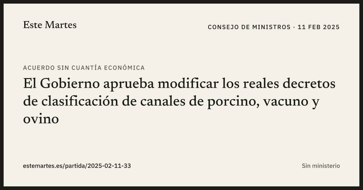 Tarjeta: El Gobierno aprueba modificar los reales decretos de clasificación de canales de porcino, vacuno y ovino