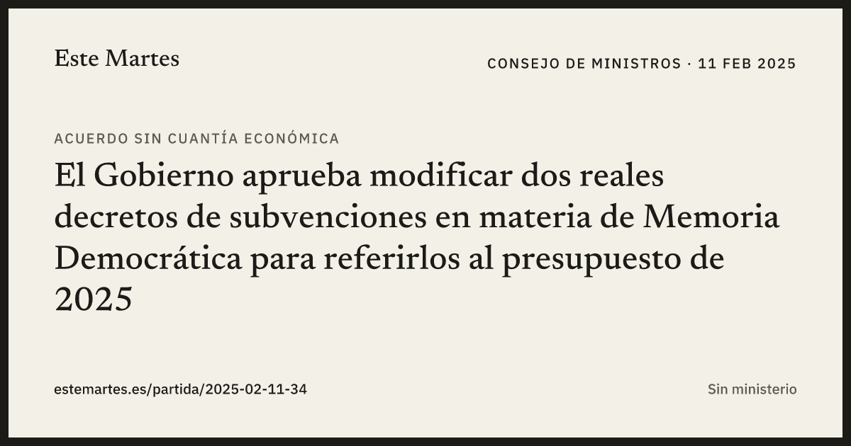 Tarjeta: El Gobierno aprueba modificar dos reales decretos de subvenciones en materia de Memoria Democrática para referirlos al presupuesto de 2025