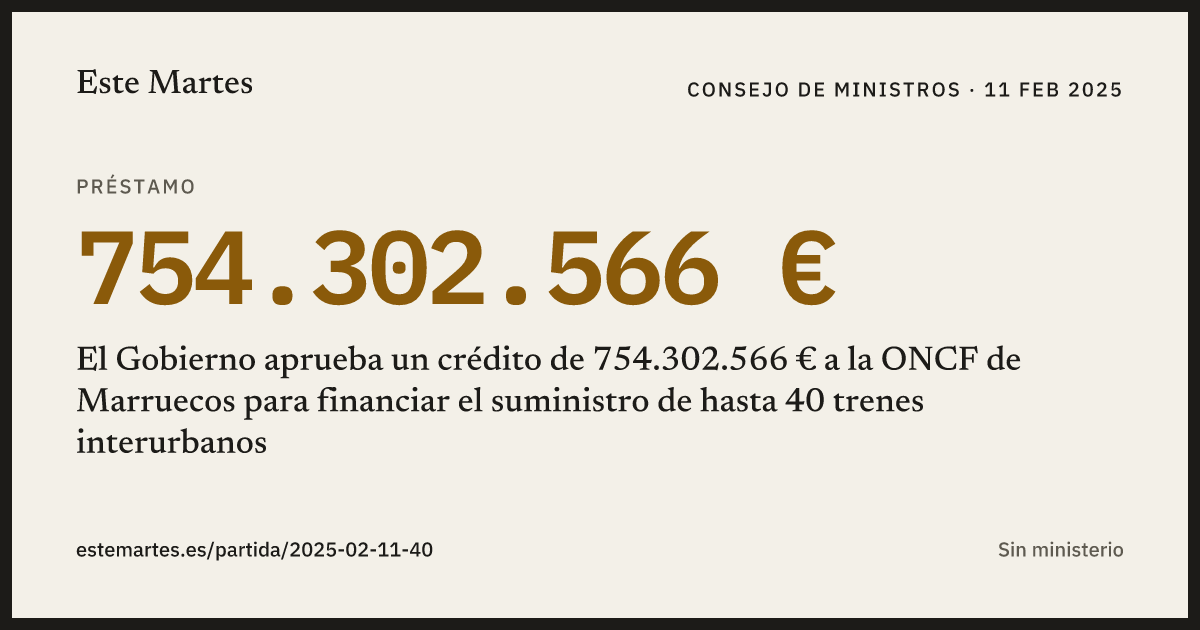 Tarjeta: El Gobierno aprueba un crédito de 754.302.566 € a la ONCF de Marruecos para financiar el suministro de hasta 40 trenes interurbanos