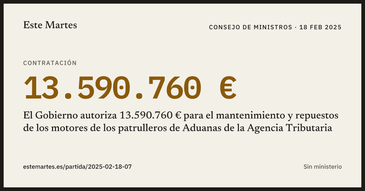 Tarjeta: El Gobierno autoriza 13.590.760 € para el mantenimiento y repuestos de los motores de los patrulleros de Aduanas de la Agencia Tributaria