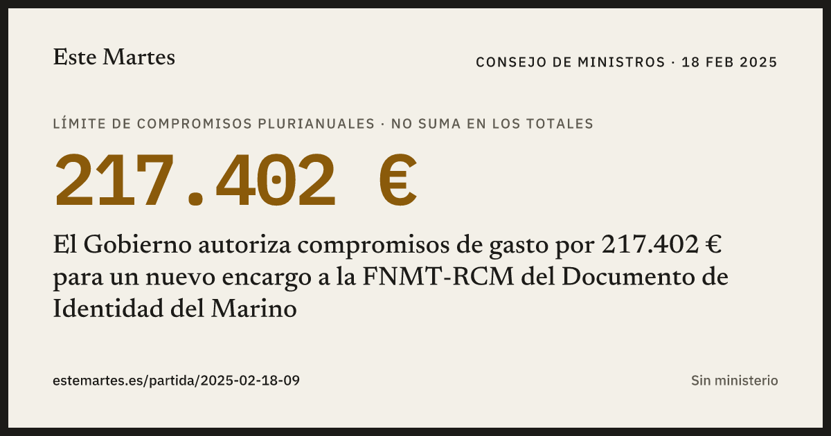 Tarjeta: El Gobierno autoriza compromisos de gasto por 217.402 € para un nuevo encargo a la FNMT-RCM del Documento de Identidad del Marino