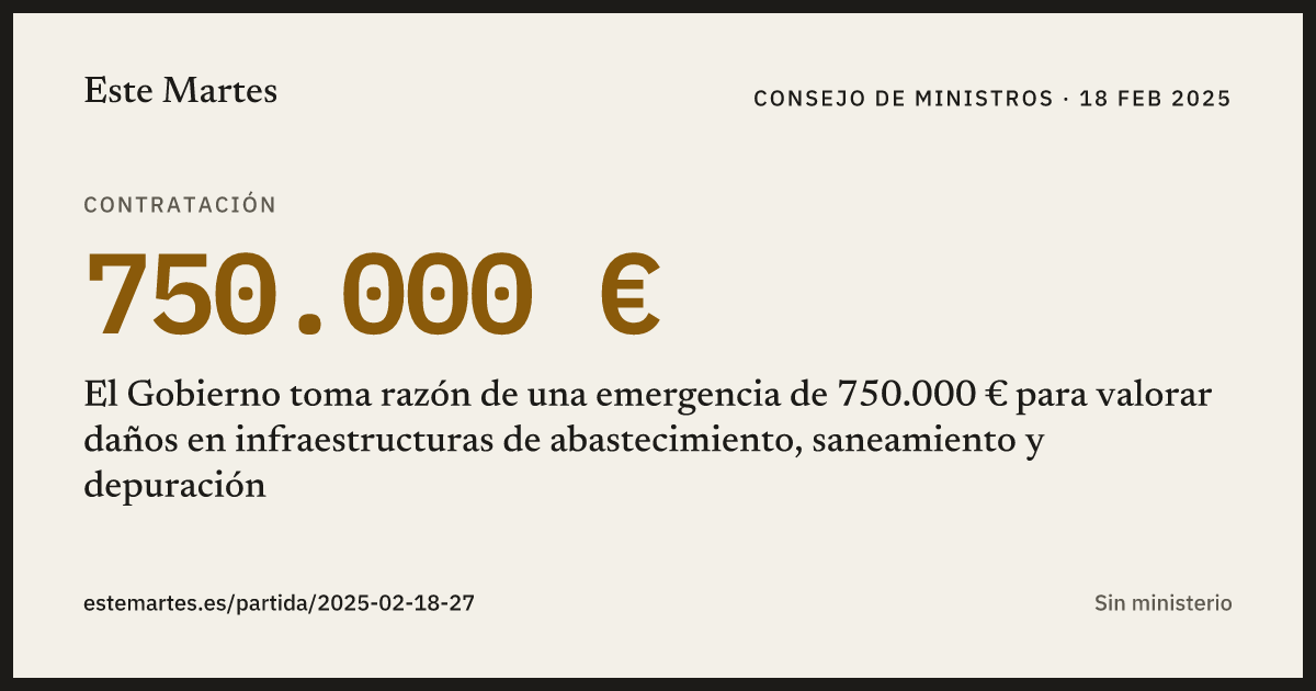 Tarjeta: El Gobierno toma razón de una emergencia de 750.000 € para valorar daños en infraestructuras de abastecimiento, saneamiento y depuración