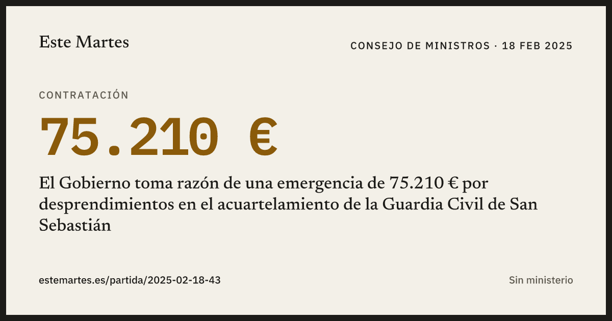 Tarjeta: El Gobierno toma razón de una emergencia de 75.210 € por desprendimientos en el acuartelamiento de la Guardia Civil de San Sebastián