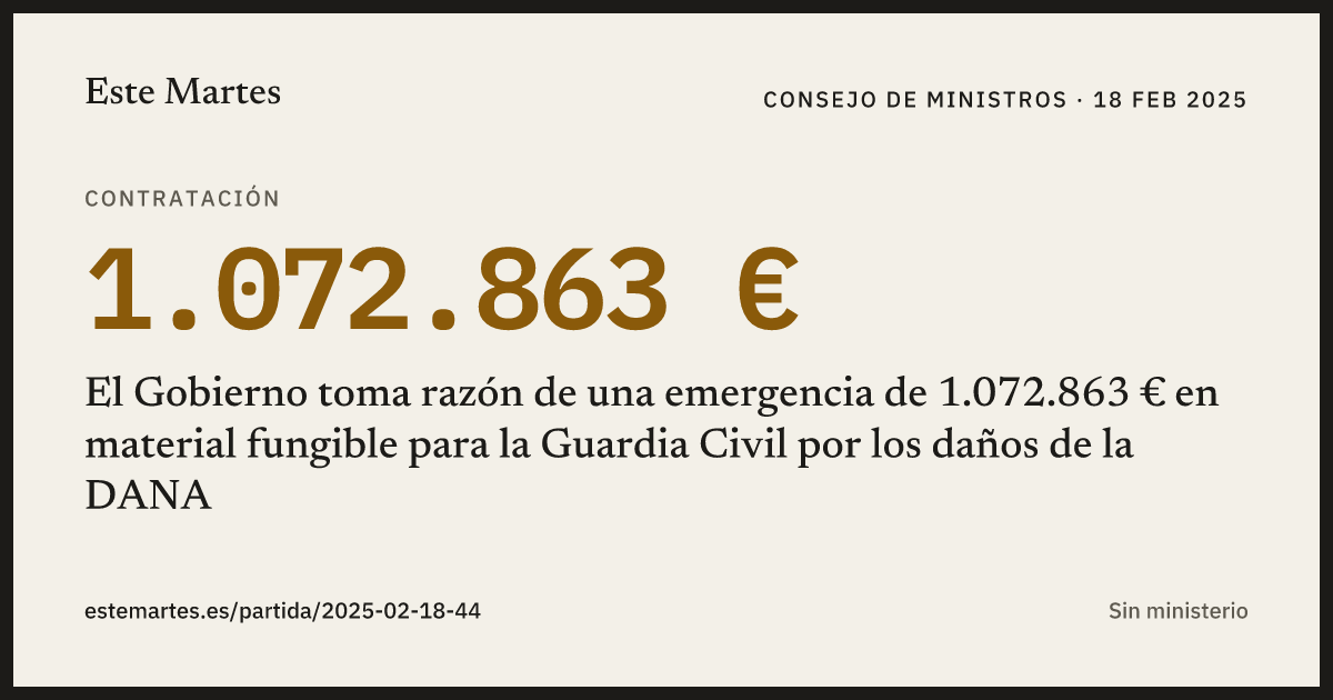 Tarjeta: El Gobierno toma razón de una emergencia de 1.072.863 € en material fungible para la Guardia Civil por los daños de la DANA