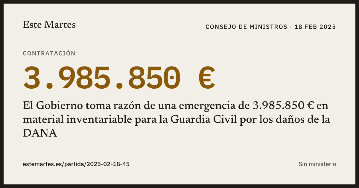 Tarjeta: El Gobierno toma razón de una emergencia de 3.985.850 € en material inventariable para la Guardia Civil por los daños de la DANA