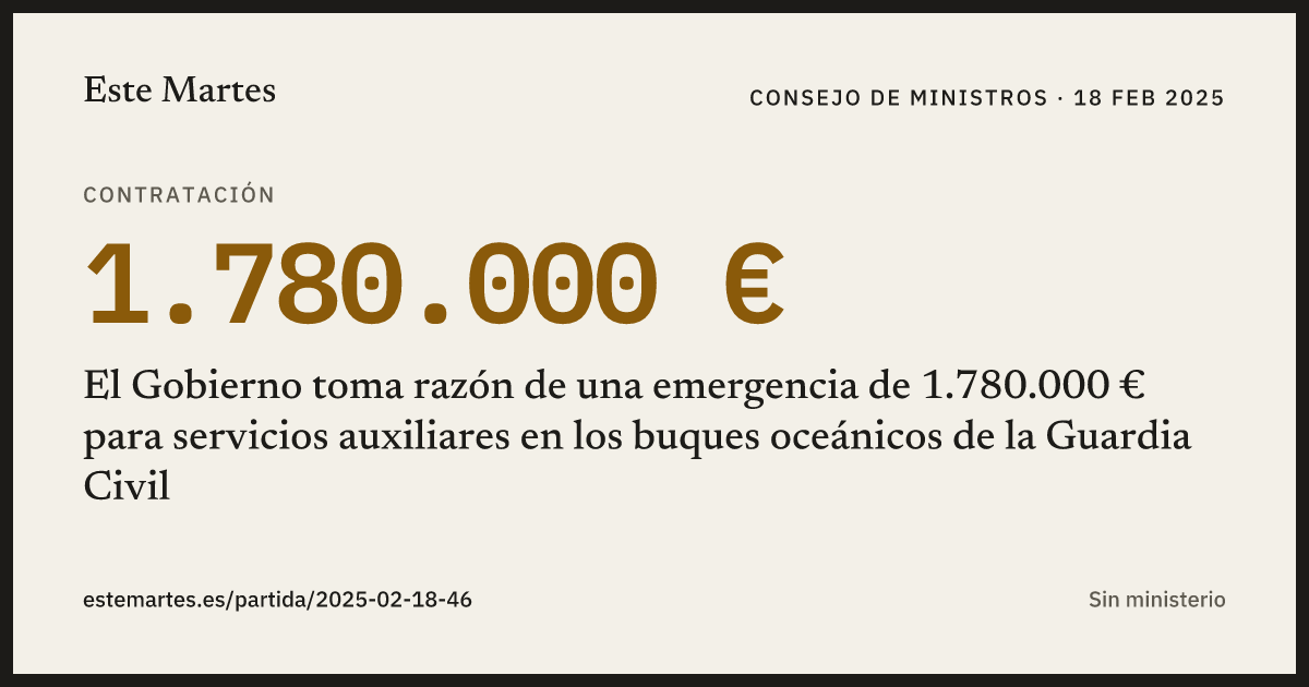 Tarjeta: El Gobierno toma razón de una emergencia de 1.780.000 € para servicios auxiliares en los buques oceánicos de la Guardia Civil