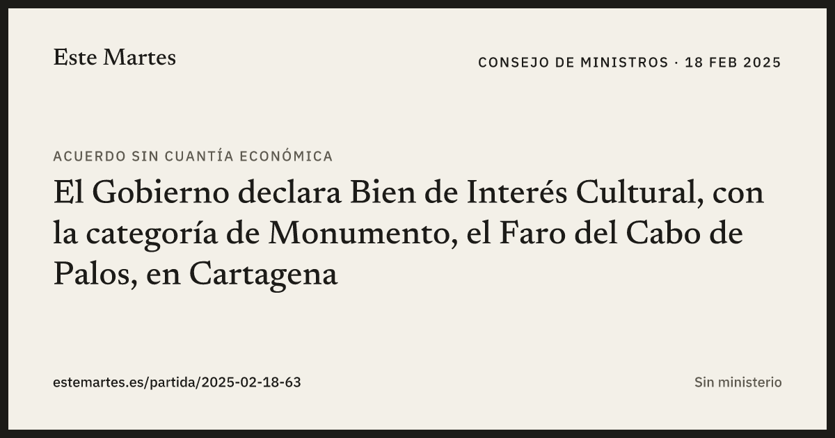Tarjeta: El Gobierno declara Bien de Interés Cultural, con la categoría de Monumento, el Faro del Cabo de Palos, en Cartagena