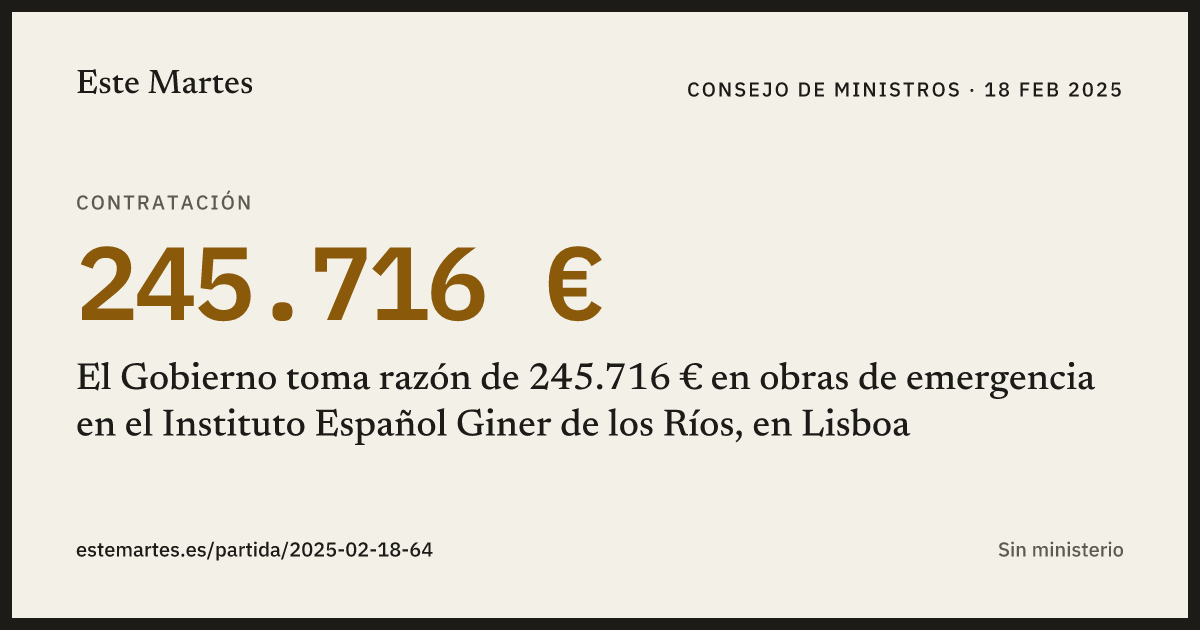 Tarjeta: El Gobierno toma razón de 245.716 € en obras de emergencia en el Instituto Español Giner de los Ríos, en Lisboa
