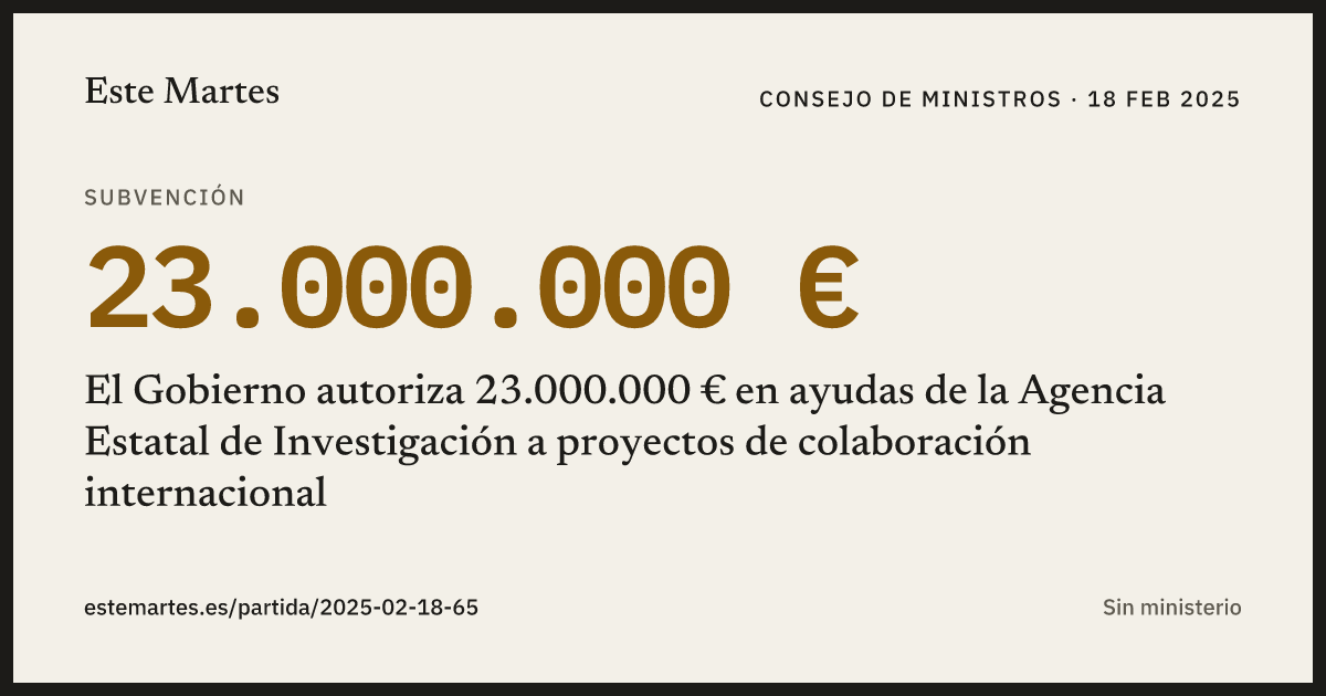 Tarjeta: El Gobierno autoriza 23.000.000 € en ayudas de la Agencia Estatal de Investigación a proyectos de colaboración internacional
