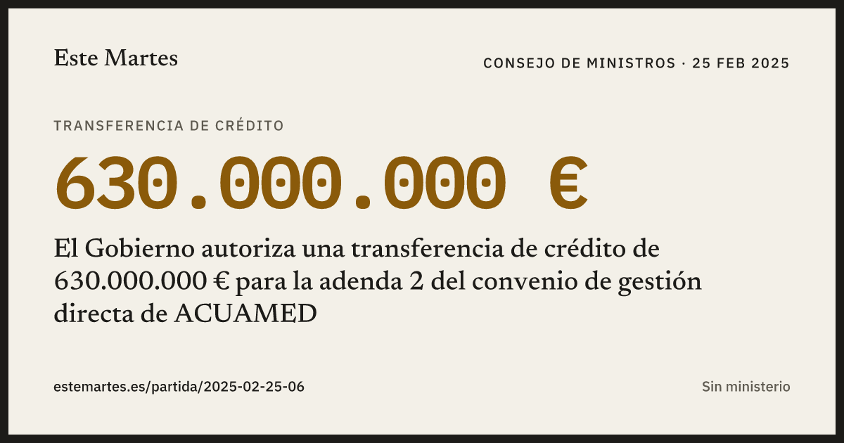 Tarjeta: El Gobierno autoriza una transferencia de crédito de 630.000.000 € para la adenda 2 del convenio de gestión directa de ACUAMED