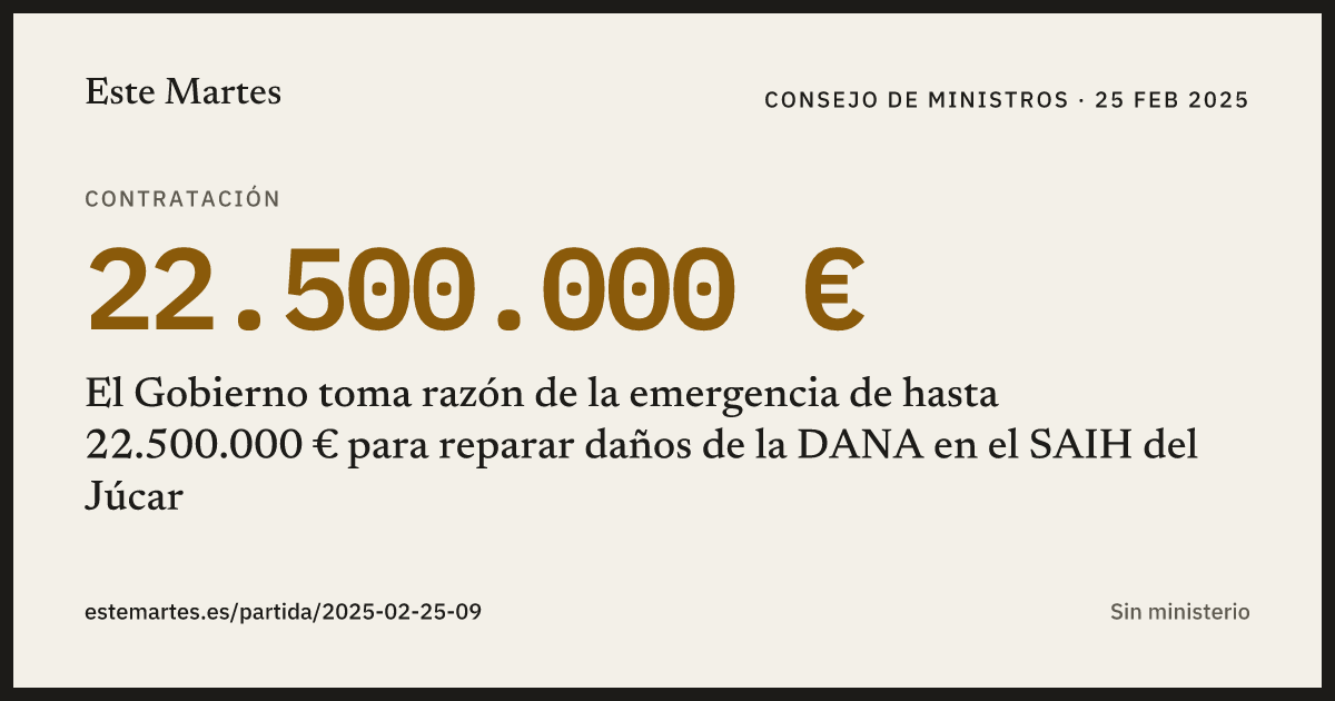 Tarjeta: El Gobierno toma razón de la emergencia de hasta 22.500.000 € para reparar daños de la DANA en el SAIH del Júcar