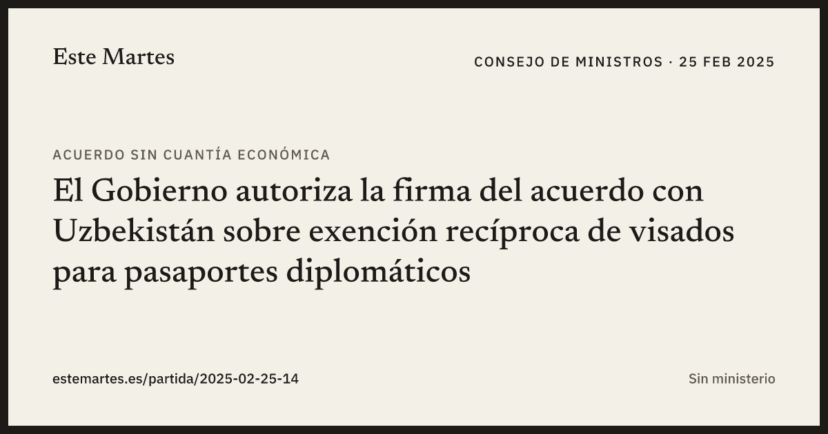 Tarjeta: El Gobierno autoriza la firma del acuerdo con Uzbekistán sobre exención recíproca de visados para pasaportes diplomáticos