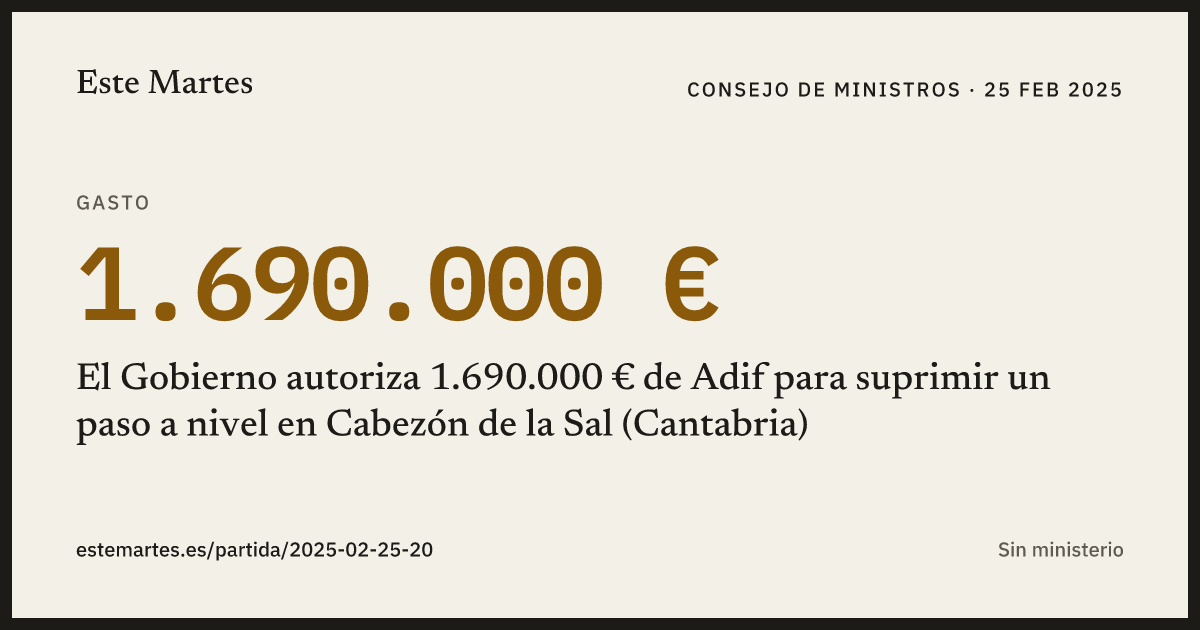 Tarjeta: El Gobierno autoriza 1.690.000 € de Adif para suprimir un paso a nivel en Cabezón de la Sal (Cantabria)