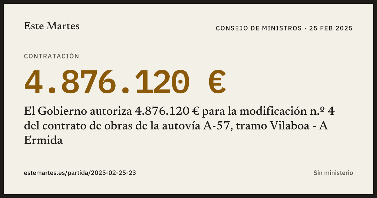 Tarjeta: El Gobierno autoriza 4.876.120 € para la modificación n.º 4 del contrato de obras de la autovía A-57, tramo Vilaboa - A Ermida