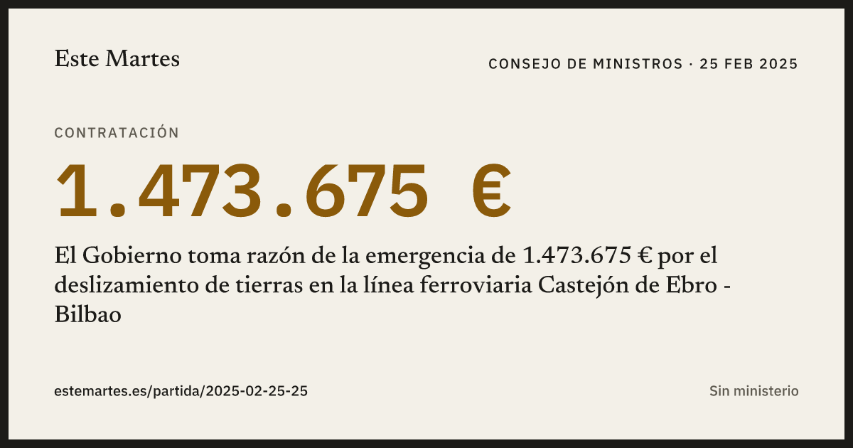 Tarjeta: El Gobierno toma razón de la emergencia de 1.473.675 € por el deslizamiento de tierras en la línea ferroviaria Castejón de Ebro - Bilbao