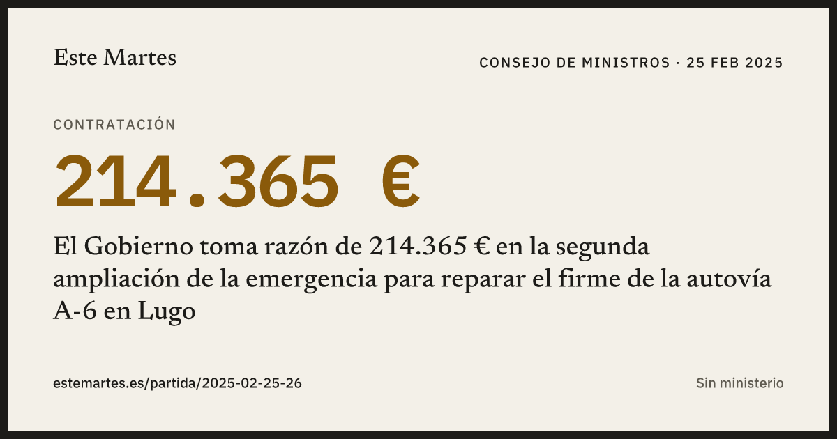 Tarjeta: El Gobierno toma razón de 214.365 € en la segunda ampliación de la emergencia para reparar el firme de la autovía A-6 en Lugo
