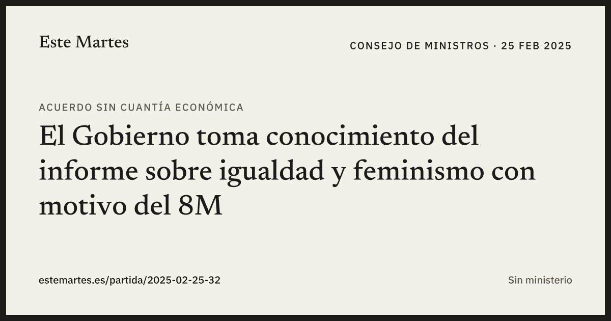 Tarjeta: El Gobierno toma conocimiento del informe sobre igualdad y feminismo con motivo del 8M