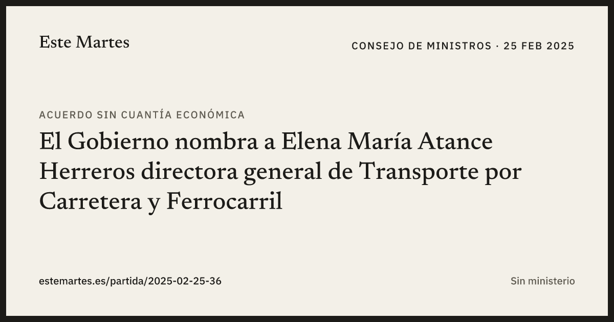 Tarjeta: El Gobierno nombra a Elena María Atance Herreros directora general de Transporte por Carretera y Ferrocarril