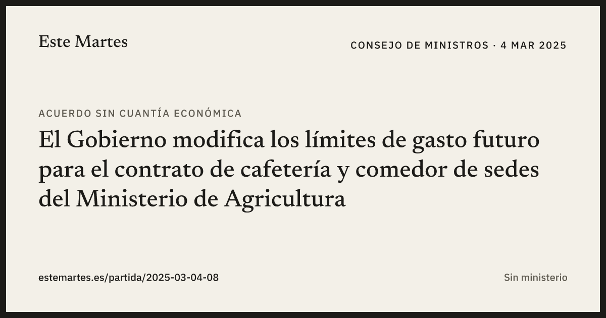Tarjeta: El Gobierno modifica los límites de gasto futuro para el contrato de cafetería y comedor de sedes del Ministerio de Agricultura