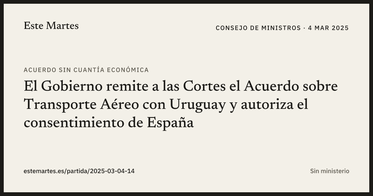 Tarjeta: El Gobierno remite a las Cortes el Acuerdo sobre Transporte Aéreo con Uruguay y autoriza el consentimiento de España