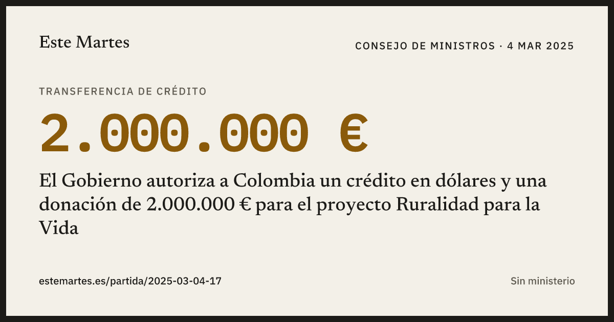 Tarjeta: El Gobierno autoriza a Colombia un crédito en dólares y una donación de 2.000.000 € para el proyecto Ruralidad para la Vida