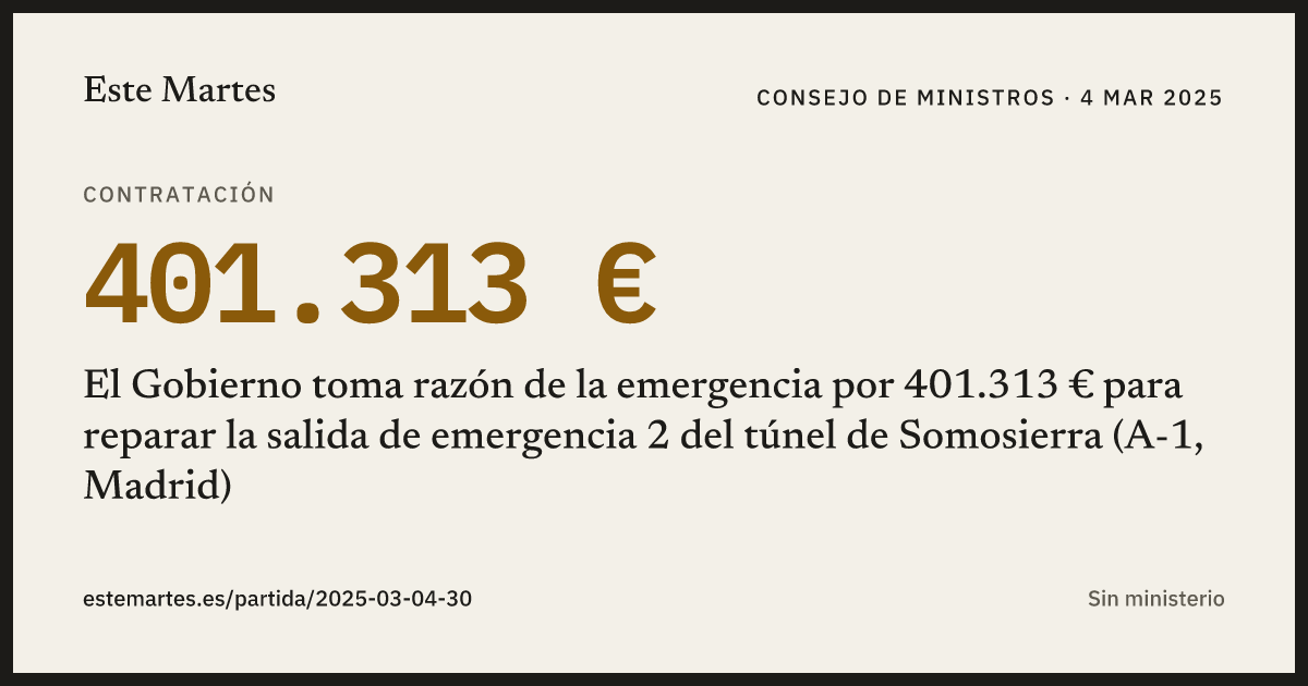Tarjeta: El Gobierno toma razón de la emergencia por 401.313 € para reparar la salida de emergencia 2 del túnel de Somosierra (A-1, Madrid)