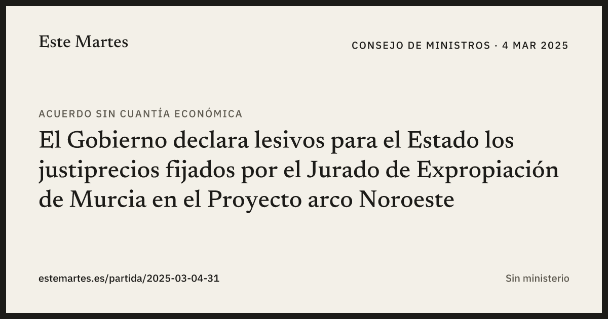 Tarjeta: El Gobierno declara lesivos para el Estado los justiprecios fijados por el Jurado de Expropiación de Murcia en el Proyecto arco Noroeste