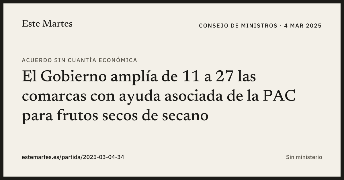 Tarjeta: El Gobierno amplía de 11 a 27 las comarcas con ayuda asociada de la PAC para frutos secos de secano