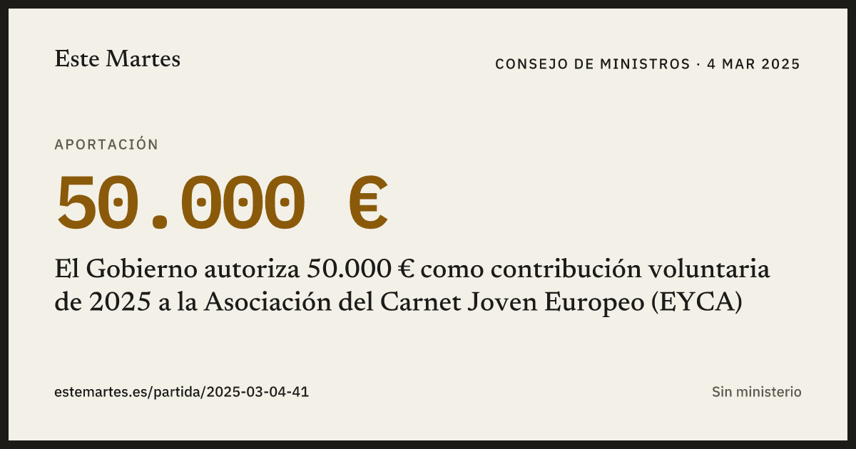 Tarjeta: El Gobierno autoriza 50.000 € como contribución voluntaria de 2025 a la Asociación del Carnet Joven Europeo (EYCA)
