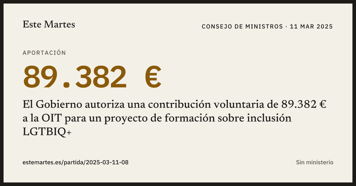 Tarjeta: El Gobierno autoriza una contribución voluntaria de 89.382 € a la OIT para un proyecto de formación sobre inclusión LGTBIQ+