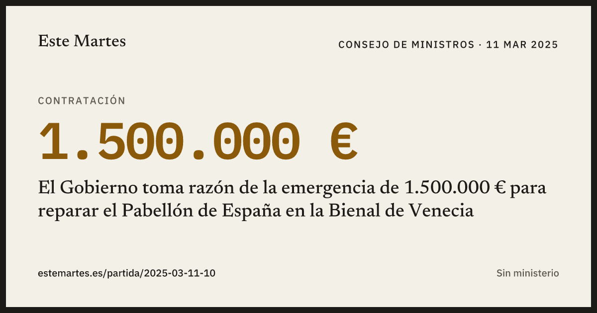 Tarjeta: El Gobierno toma razón de la emergencia de 1.500.000 € para reparar el Pabellón de España en la Bienal de Venecia