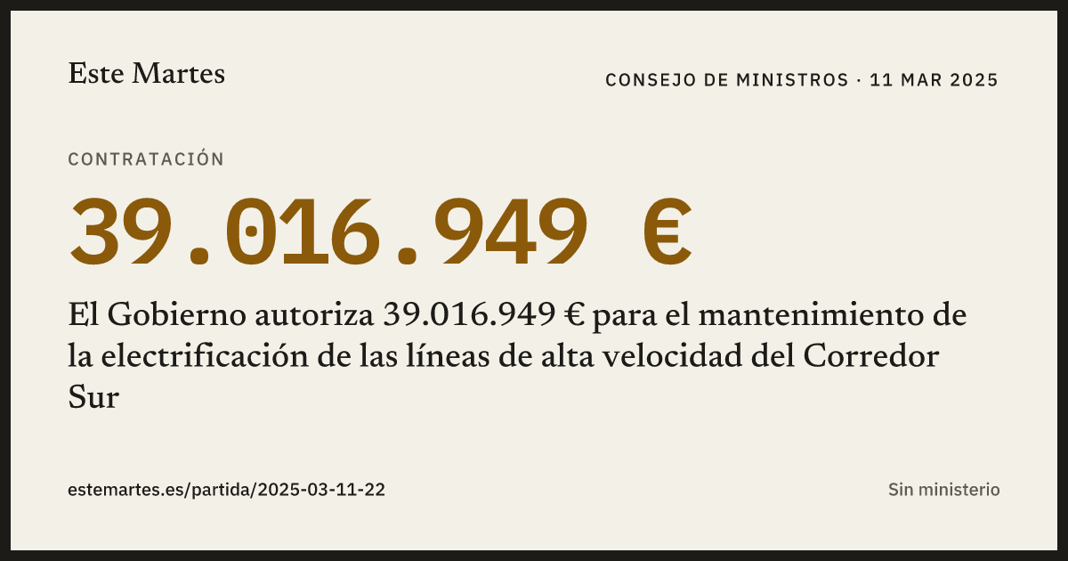 Tarjeta: El Gobierno autoriza 39.016.949 € para el mantenimiento de la electrificación de las líneas de alta velocidad del Corredor Sur