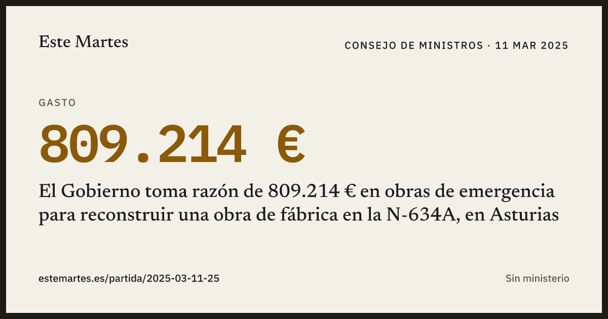 Tarjeta: El Gobierno toma razón de 809.214 € en obras de emergencia para reconstruir una obra de fábrica en la N-634A, en Asturias