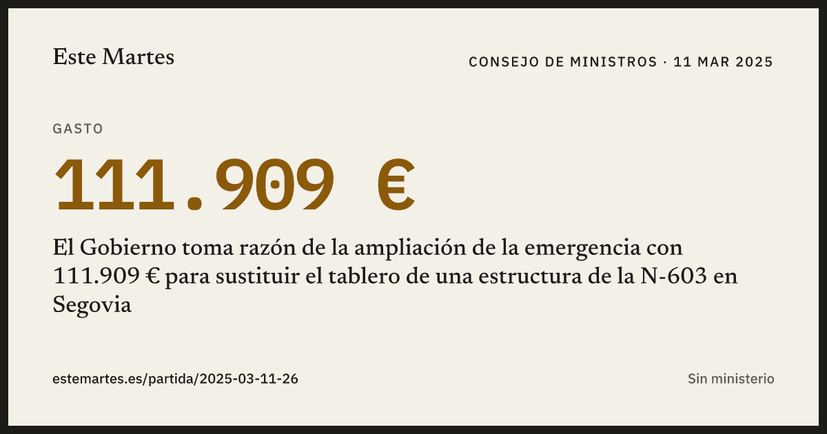 Tarjeta: El Gobierno toma razón de la ampliación de la emergencia con 111.909 € para sustituir el tablero de una estructura de la N-603 en Segovia