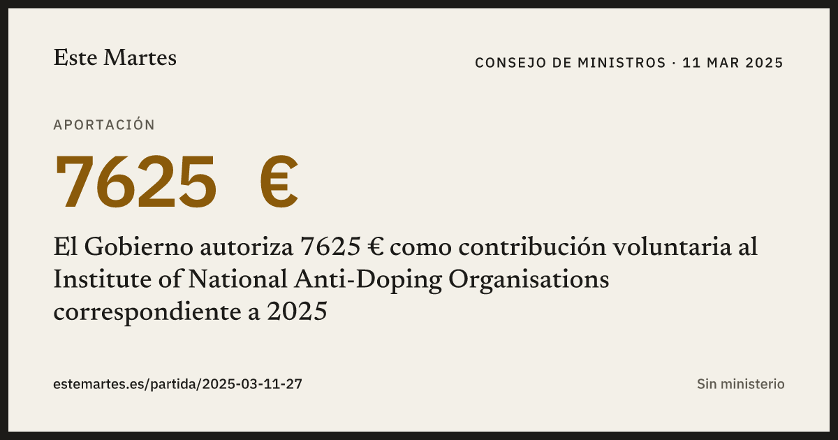 Tarjeta: El Gobierno autoriza 7625 € como contribución voluntaria al Institute of National Anti-Doping Organisations correspondiente a 2025