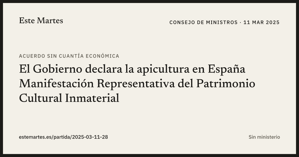 Tarjeta: El Gobierno declara la apicultura en España Manifestación Representativa del Patrimonio Cultural Inmaterial