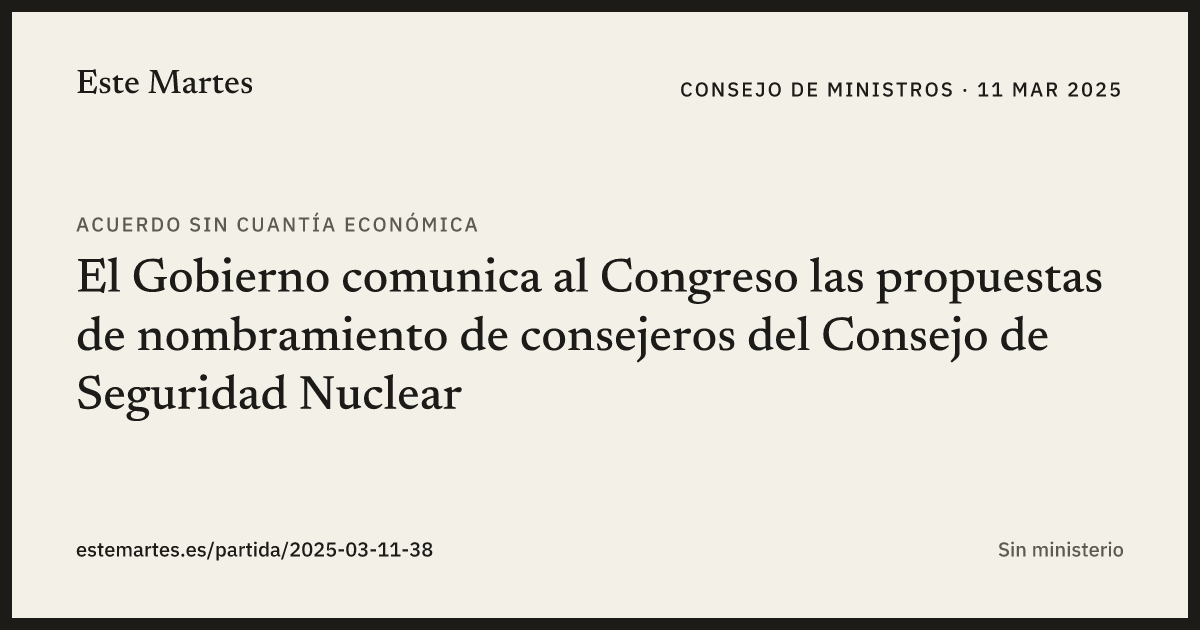 Tarjeta: El Gobierno comunica al Congreso las propuestas de nombramiento de consejeros del Consejo de Seguridad Nuclear