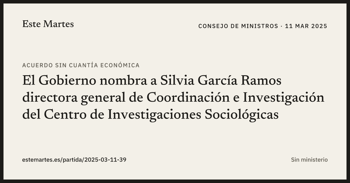Tarjeta: El Gobierno nombra a Silvia García Ramos directora general de Coordinación e Investigación del Centro de Investigaciones Sociológicas