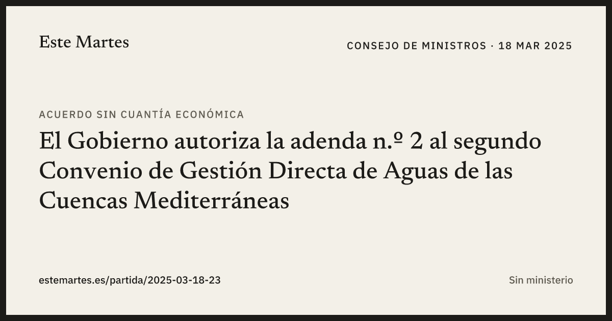 Tarjeta: El Gobierno autoriza la adenda n.º 2 al segundo Convenio de Gestión Directa de Aguas de las Cuencas Mediterráneas