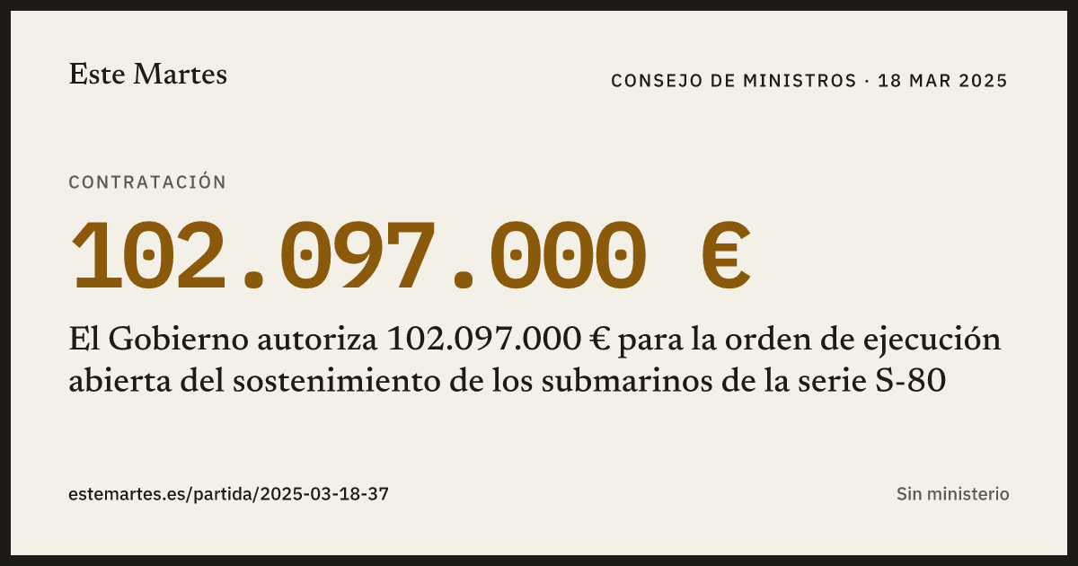 Tarjeta: El Gobierno autoriza 102.097.000 € para la orden de ejecución abierta del sostenimiento de los submarinos de la serie S-80